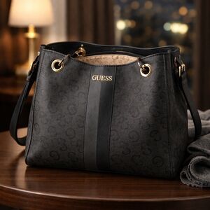 GUESS Black Logo-Print Shoulder Tote with Center Stripe